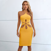 Halter Lace up Hollow Out Cutout out Dress Backless Belly Button Bandage One Piece Dress